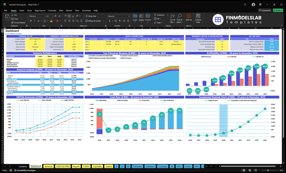 Navigational desktop worksheet with configuration control, scenario multipliers, debt and working capital assumptions, key meters, income, profitability, cash flow and return charts