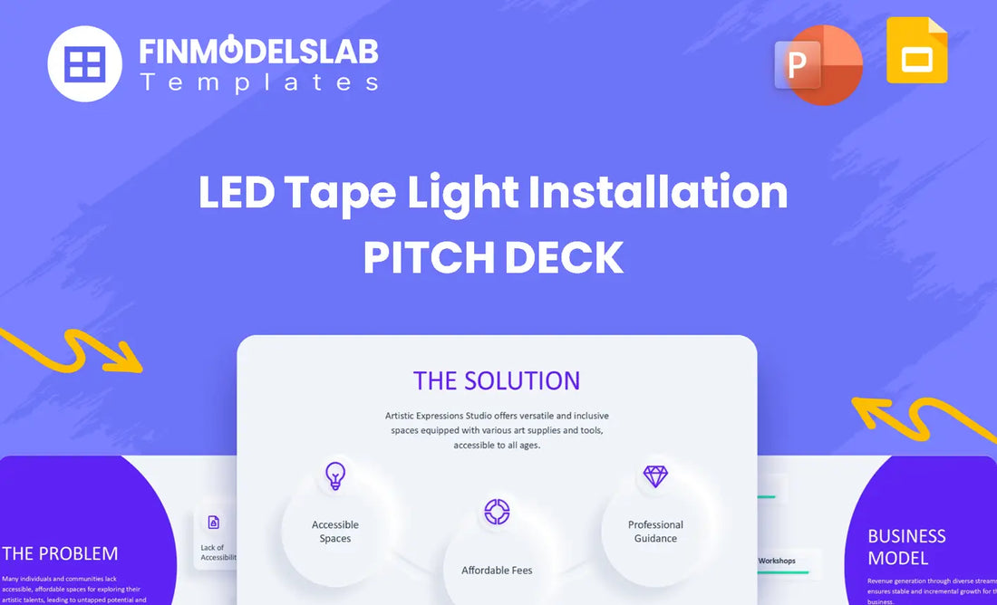 LED Tape Light Installation Investment Pitch Deck - investor pitch built to secure funding and partnerships, with investor-ready structure, visual storytelling, financial snapshot, and fundraising ask. Addresses tight deadlines and unclear investor expectations.