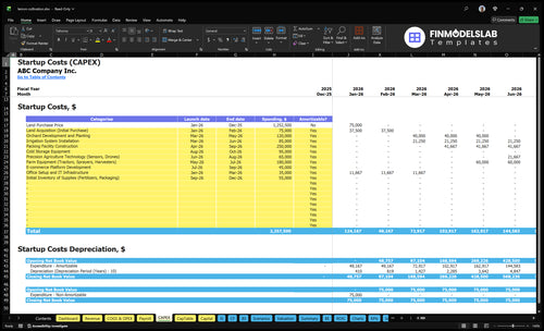 Lemon Farming Financial Model capex inputs showing farm capital expenditures and equipment schedules, letting users customize startup and expansion costs, depreciation assumptions and investment timing for forecasts