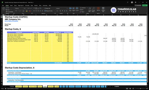 LNG Shipping and Transportation Financial Model capex inputs showing capital expenditure categories and customizable purchase, vessel and infrastructure assumptions to plan investments and financing needs.