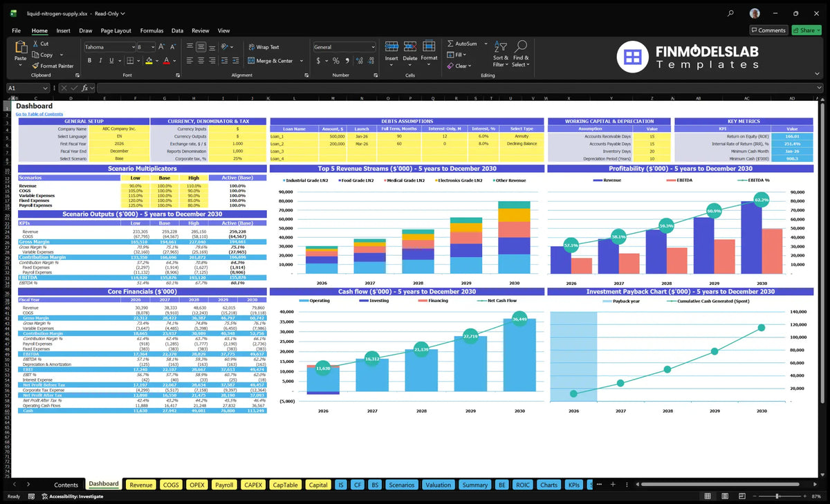 A liquid financial model of nitrogen supply Dashboard showing configuration controls, scenario multipliers, key metrics, basic finance, mix of revenue, cash flow, profitability and payback period charts.
