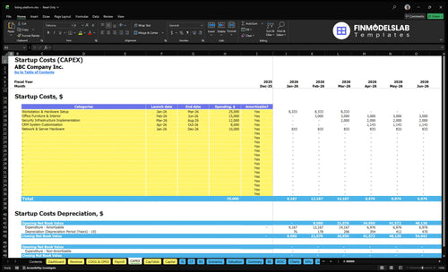 Online Listing Platform Development Financial Model capex inputs page showing capital expenditure categories and customizable project costs, timelines and funding needs for build-out and scaling, fully customizable.