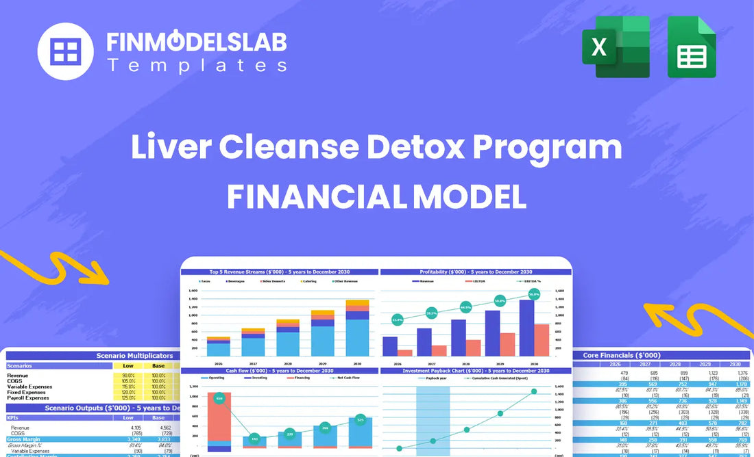 Liver Cleanse Detox Program Financial Model head image showing overall model cover and summary of sections—introduces dashboard, inputs, scenarios, reports and valuation to structure projections and investor-ready outputs