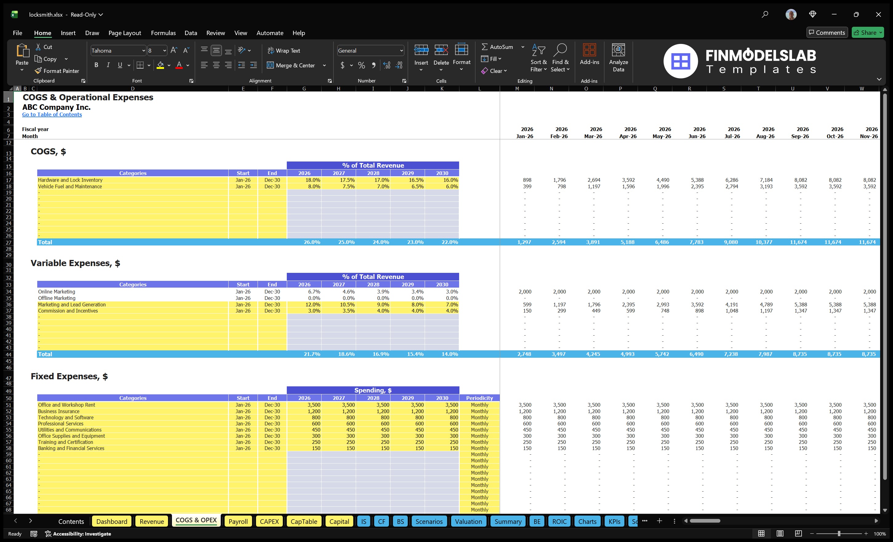 Service Financial Locker Model COGS and OPEX sheet showing direct costs, variable expenditure, fixed expenditure, schedule and monthly expected amounts