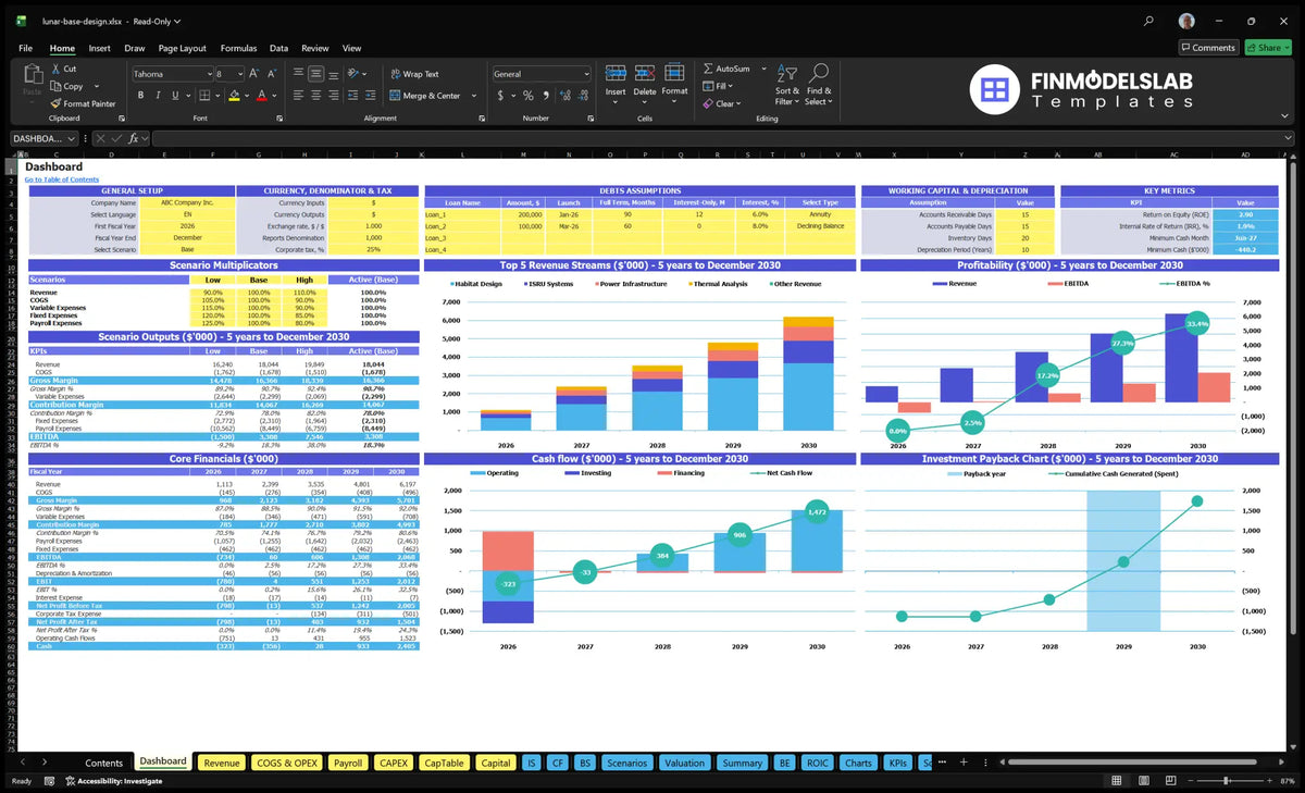 Lunar Base Design Engineering Navigation Desktop with model setting, multiple scenarios, financial KPIs, a mix of revenue, profitability, cash flow and return charts