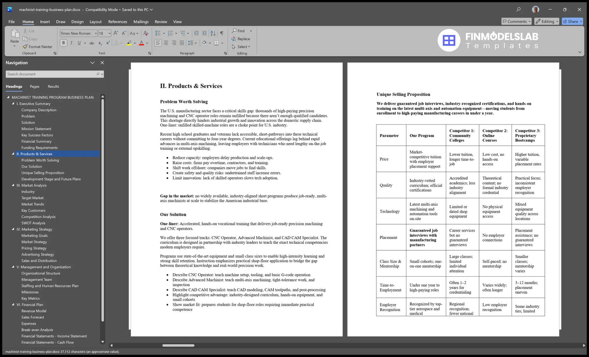 Machinist Training Program Plan Template - 12.53% IRR, 5Y Forecasts