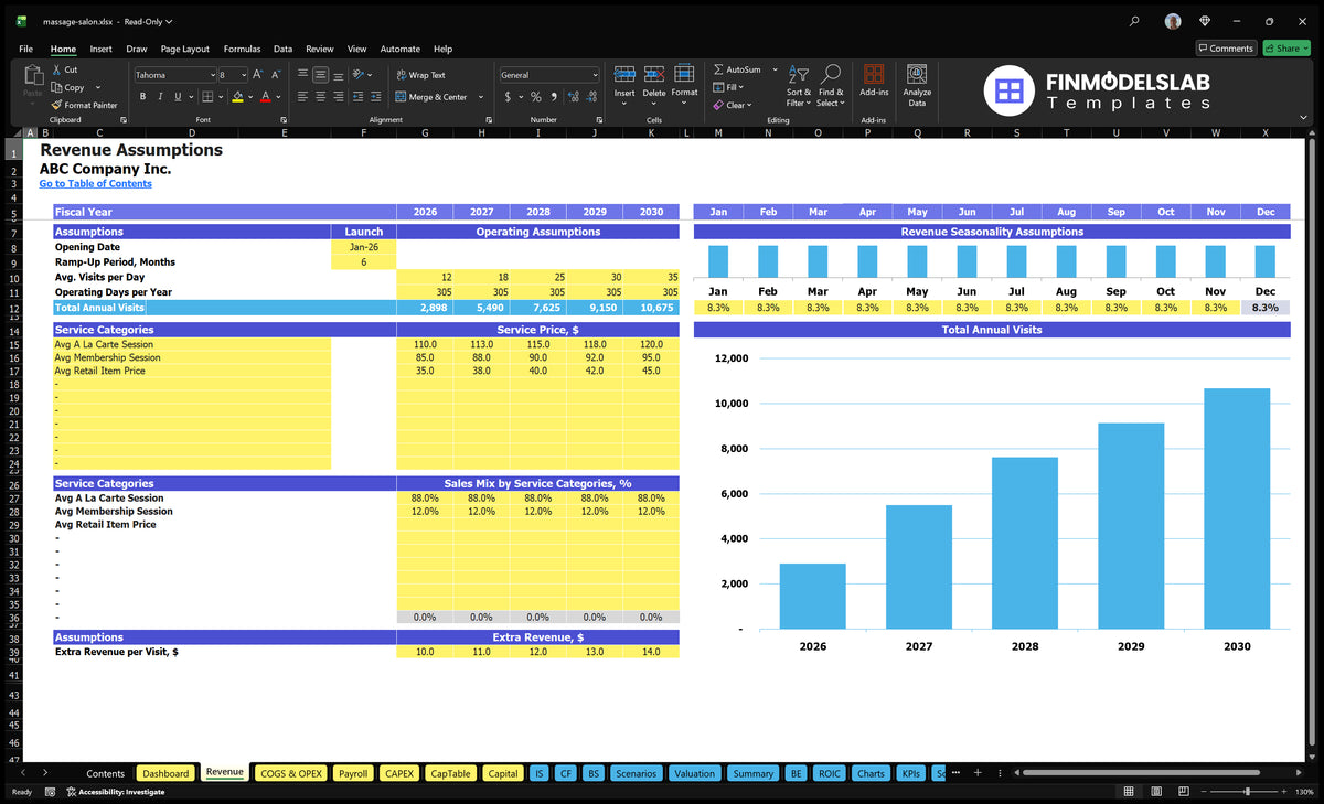 Worksheet with operating dates, daily visits, seasonality, service prices, mix of services and additional revenue contributions