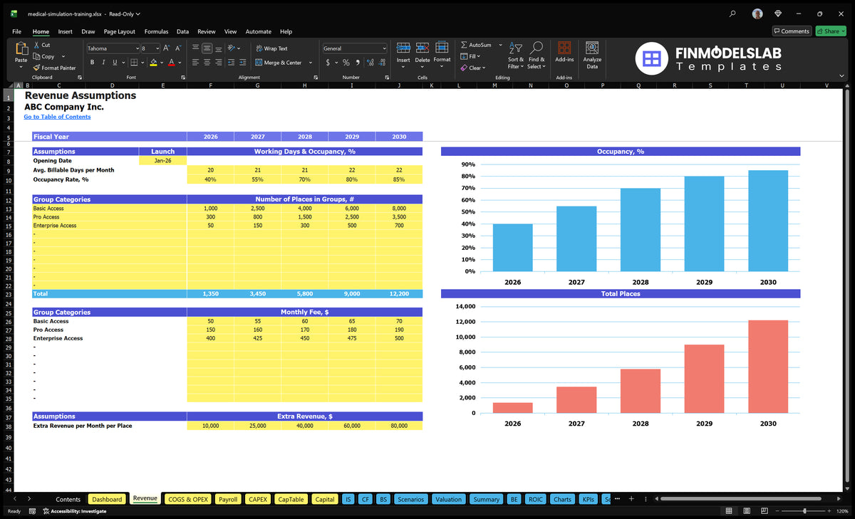 Medical training simulations Income sheet with group capacity, occupancy, monthly fees, additional revenue and forecast charts