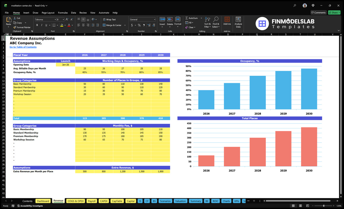 Centre Meditation Worksheet showing start time, group capacity, occupancy, monthly fees, additional revenue as well as the plots of occupancy and capacity