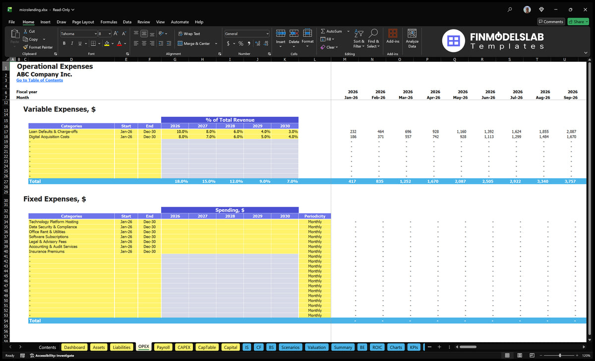 Microcredit OPEX working sheet showing the percentages of loans, fixed expenditure, deadlines and periodicity assumptions