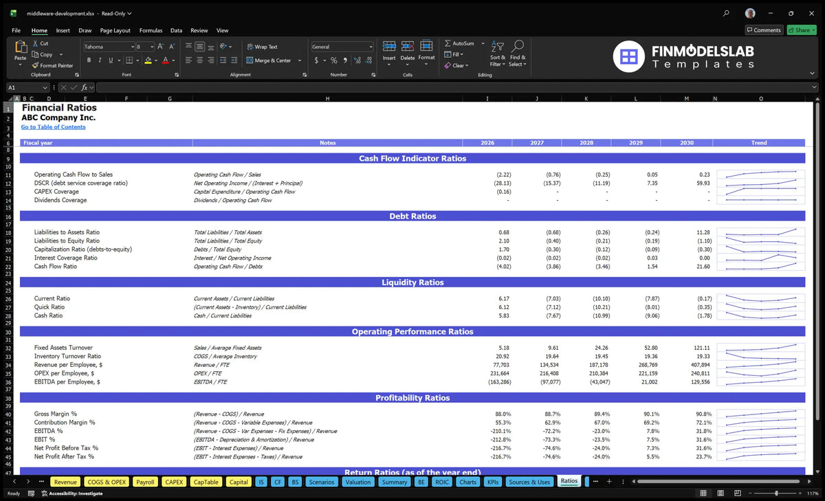 Middleware Software Development 5-Year Model: $11M Rev, 41 Mo Break-Even