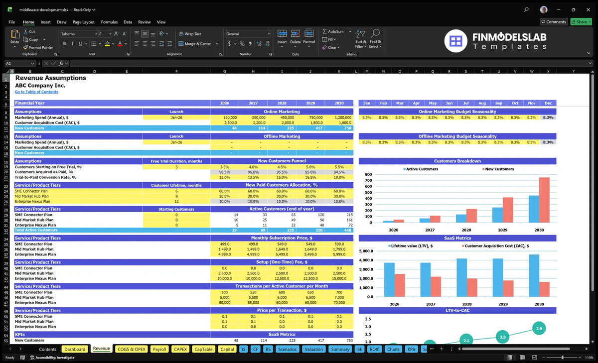 Middleware Development Financial model Assumptions on revenue sheet with marketing, CAC, trial conversion, plan mix, active customers, subscription price, configuration fees and entry into service