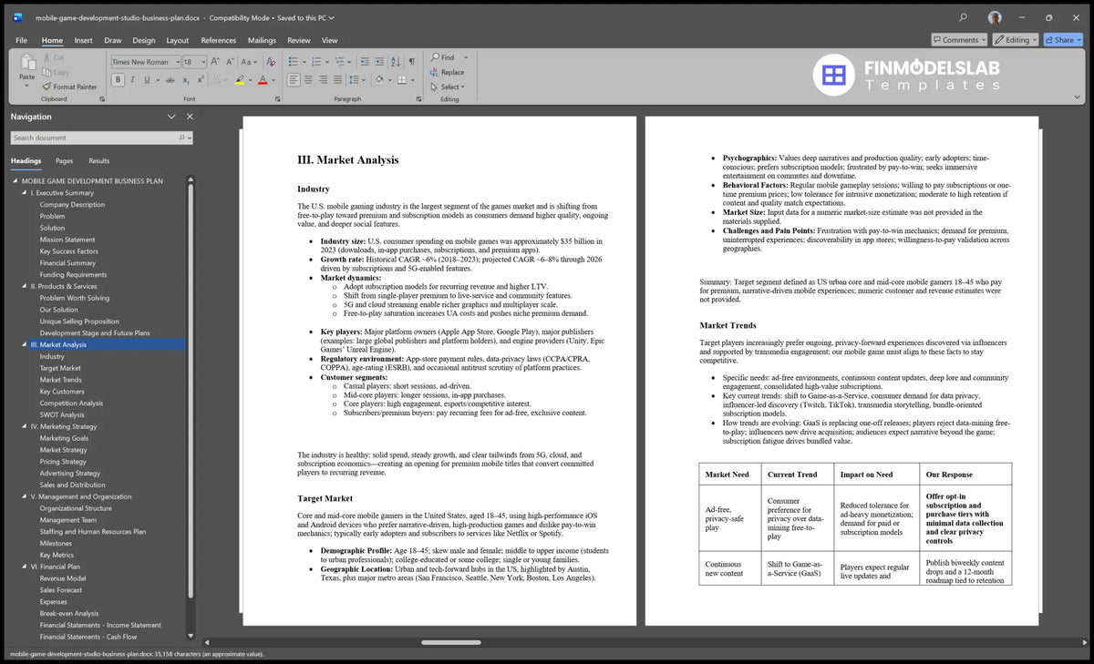 Mobile Game Development Plan Template: 25 Mo Payback 82% ROE