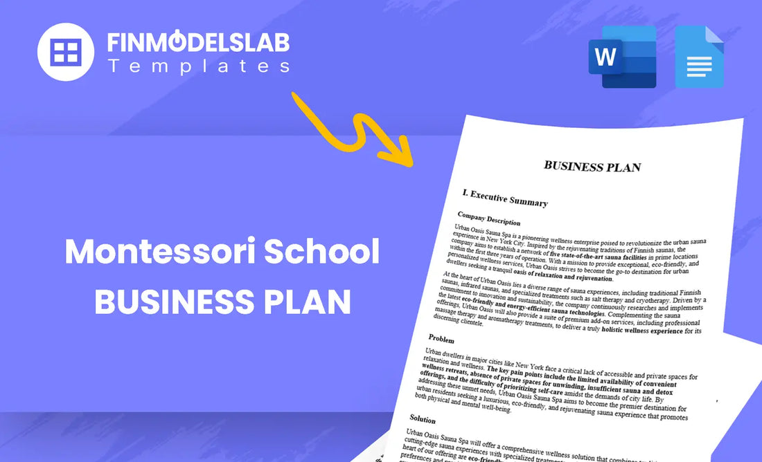 Montessori School Business Plan template for founders and educators, built to streamline planning and meet investor/lender standards with pre-written content, customizable in Word, time-saving and avoids consultant costs.