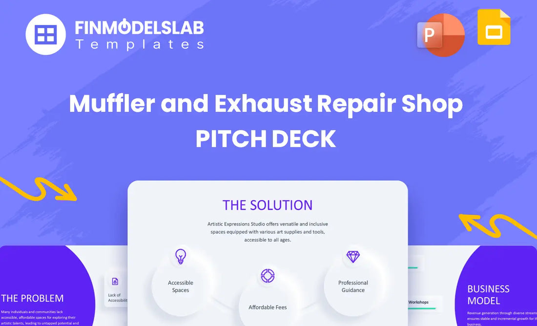 Muffler and Exhaust Repair Shop Investment Pitch Deck - investor pitch to secure funding and partners, offering investor-ready structure, financial snapshot, visual storytelling, and go-to-market plan; solves limited time and unclear investor expectations.