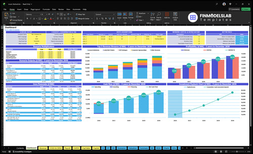Music Festival Financial Model dashboard summarizing key KPIs, runway, cash position and performance with a dynamic dashboard, charts and investor-ready metrics to avoid cash-flow blind spots