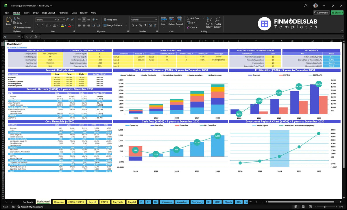 Worksheet of the navigation desktop showing general settings, scenario multipliers, outputs KPI, revenue mix, profitability, cash flow and investment charts