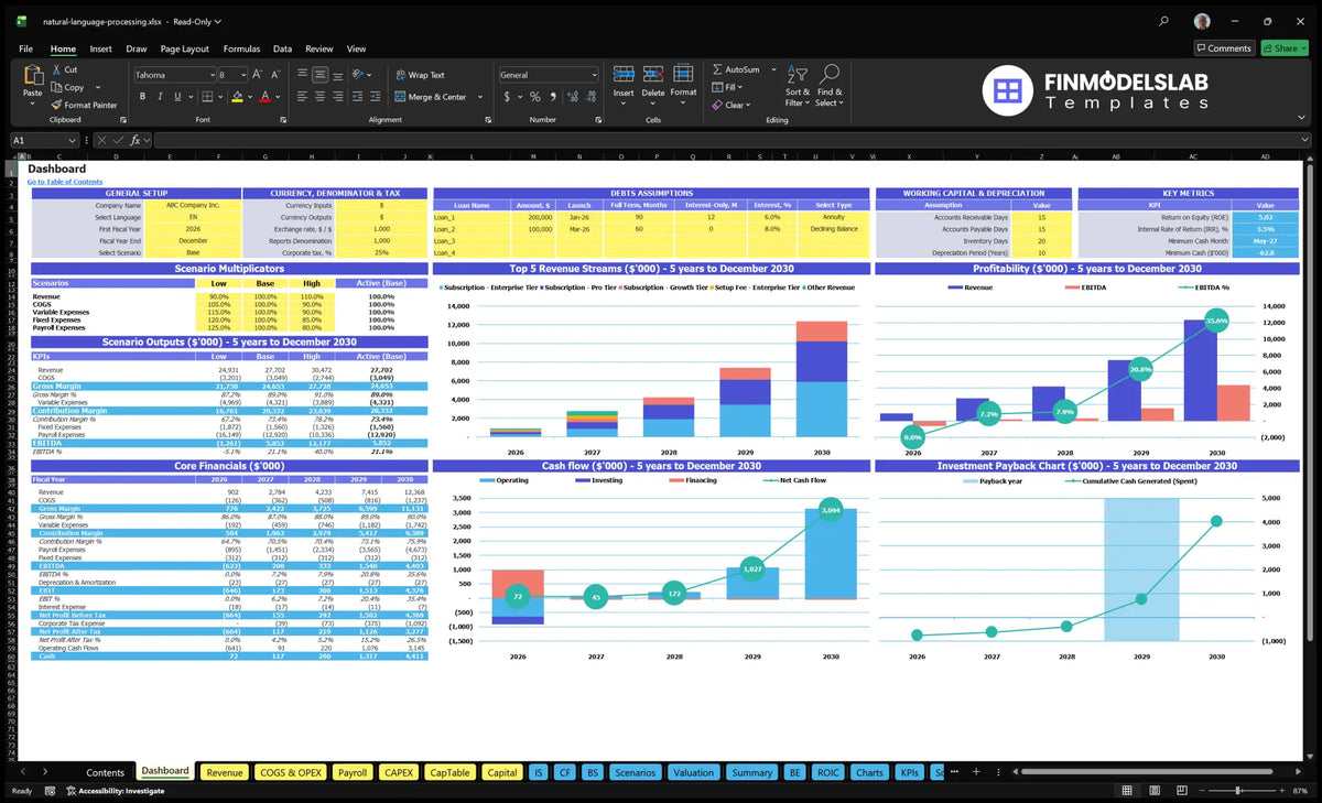 Worksheet of the navigational desktop with general configuration, scenario multipliers, key meters, basic finances, income mix, profitability, cash flow and return charts