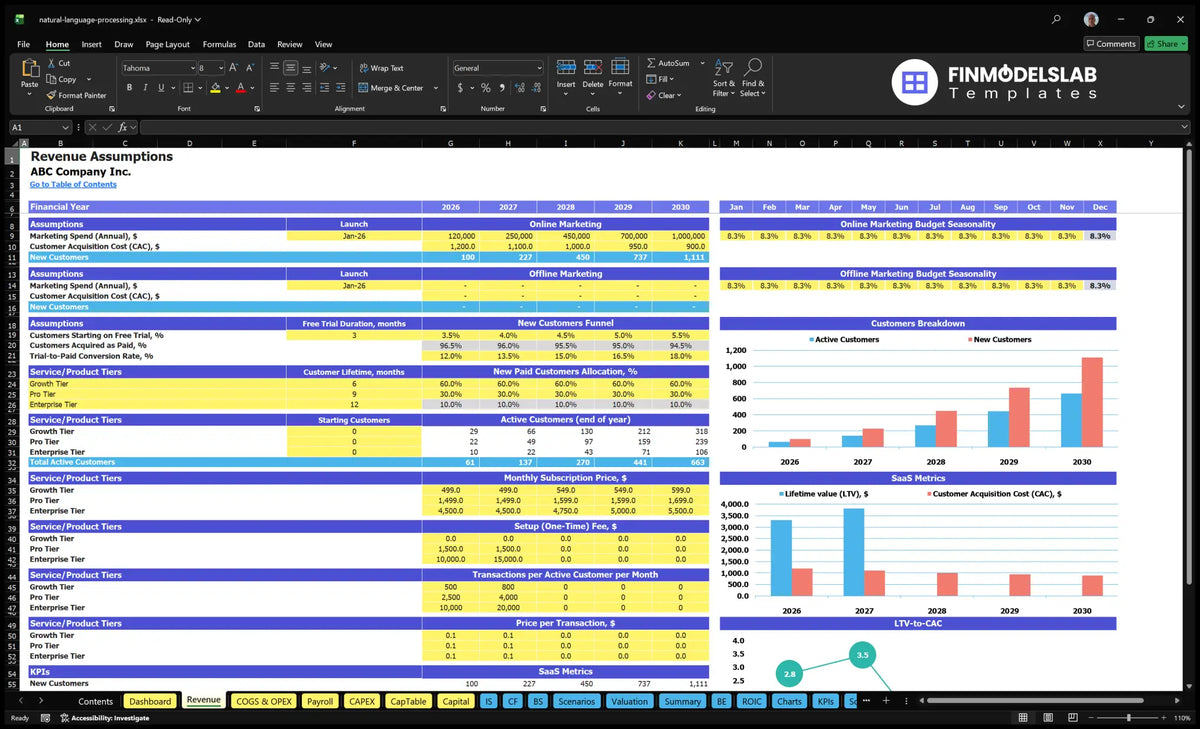 Revenues Establishing a worksheet with acquisition, trial swap, subscription levels, prices, entry into service, customer charts and SaaS meters