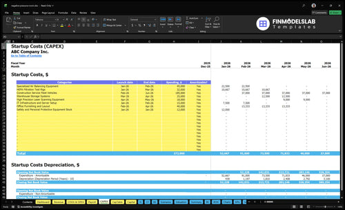 Negative Pressure Room Installation Financial Model capex inputs showing customizable capital expenditure items and timing to budget equipment, construction, and installation costs for funding and planning.