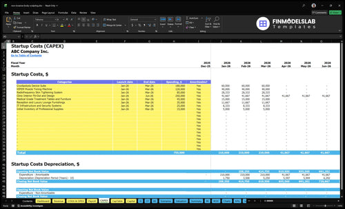 Non-Invasive Body Sculpting Clinic Financial Model capex inputs showing equipment, facility fit-out and startup investment fields allowing users to customize capital spend, depreciation and timing for projections.
