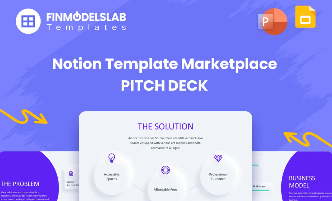 Notion Template Marketplace Investment Pitch Deck investor pitch built to win funding and align stakeholders, offering investor-ready structure, visual storytelling, concise 8-slide format, editable slides; solves tight deadlines and unclear investor expectations.