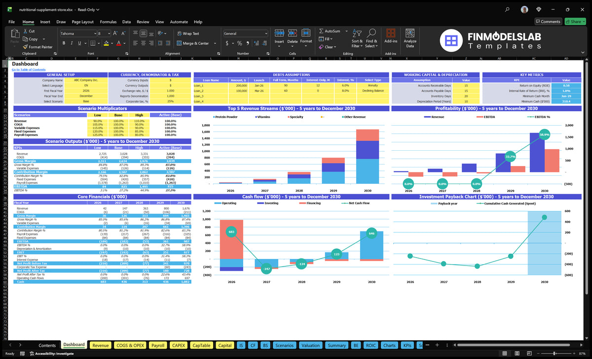 Glossary Worksheet showing the overall configuration, scenario multipliers, the results of KPI, the underlying finances, the revenue mix, profitability, cash flow and return on investment charts.