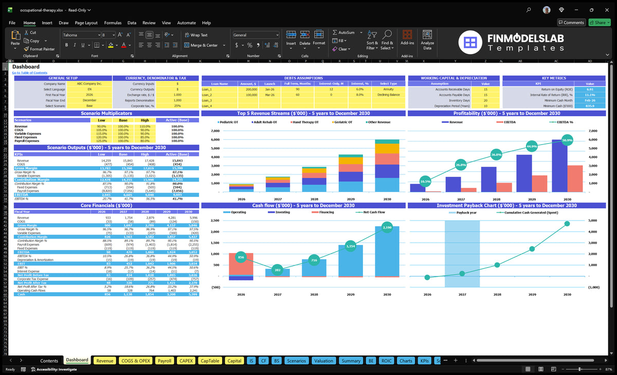 The navigational desktop of occupational therapy showing scenario checks, basic financial data, revenue mix, profitability, cash flow and return charts