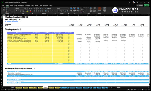 Offshore Wind Farm Construction Financial Model capex inputs tab showing construction and equipment cost drivers, timelines, and funding schedule that let users customize capital spending, schedules and assumptions for scenario-ready forecasting.