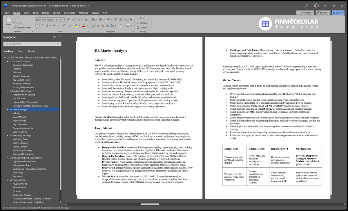 Oil Rig Training Simulator Development Plan Template 125% IRR $49M Rev