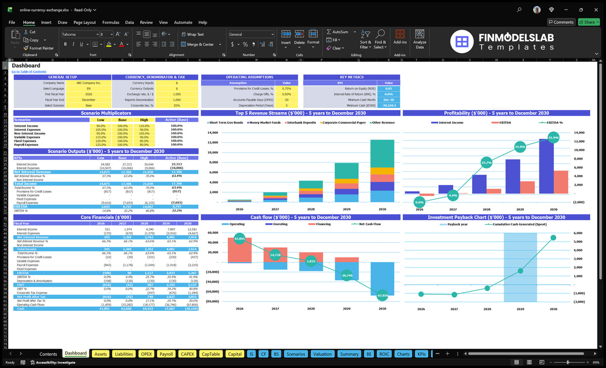 Online currency exchange data table showing settings, multipliers scenarios and results, basic finances, revenue mix, profitability, cash flow and returns charts
