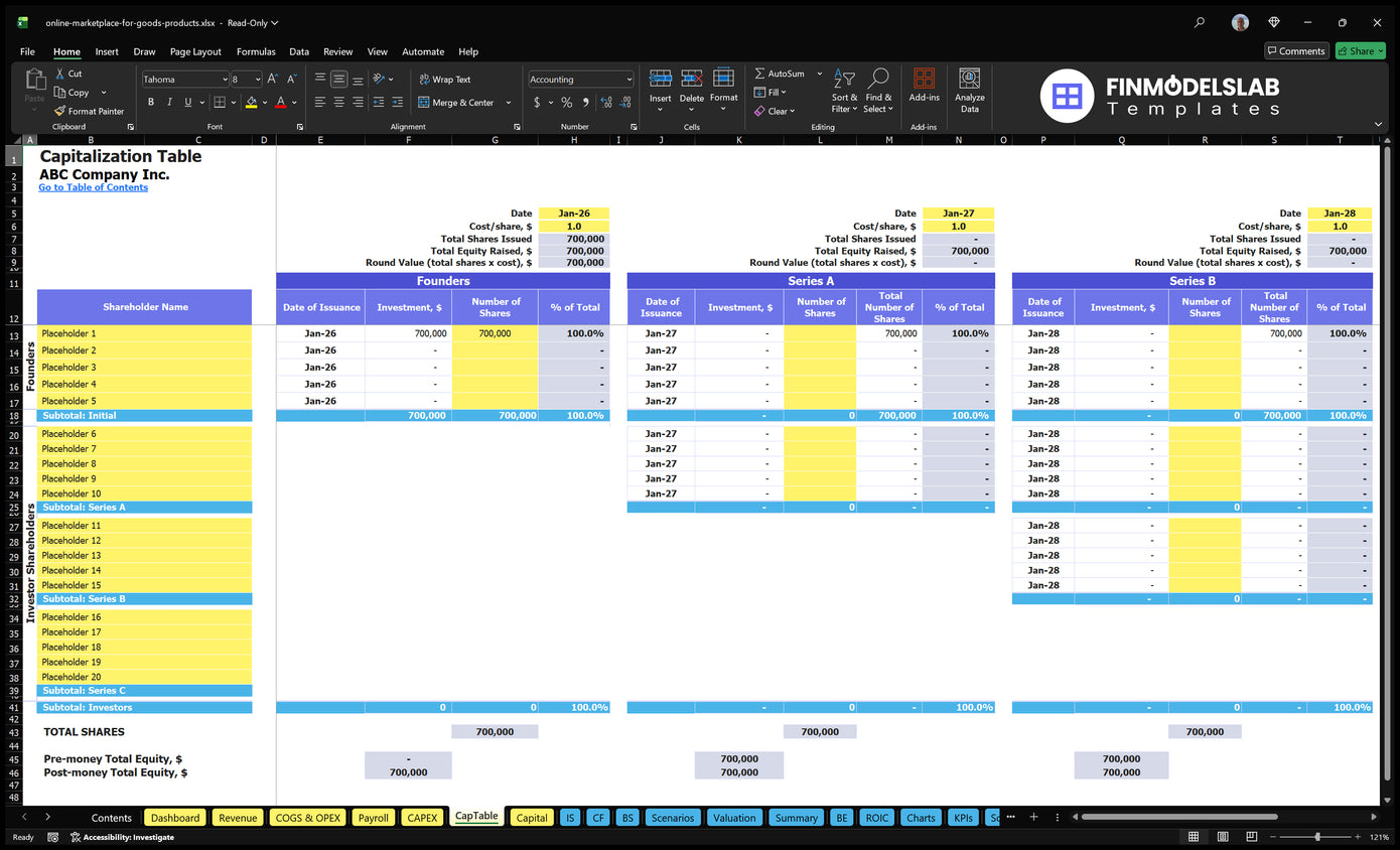 Online Marketplace For Goods Products Financial Model Captable Financial Models Lab