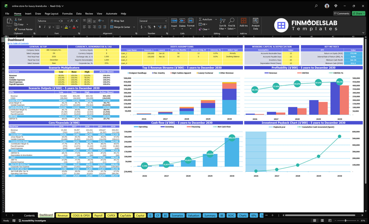 Dashboard worksheet with general configuration, scenario multiplier, financing control, mixed revenue, profitability, cash flow and investment payback charts