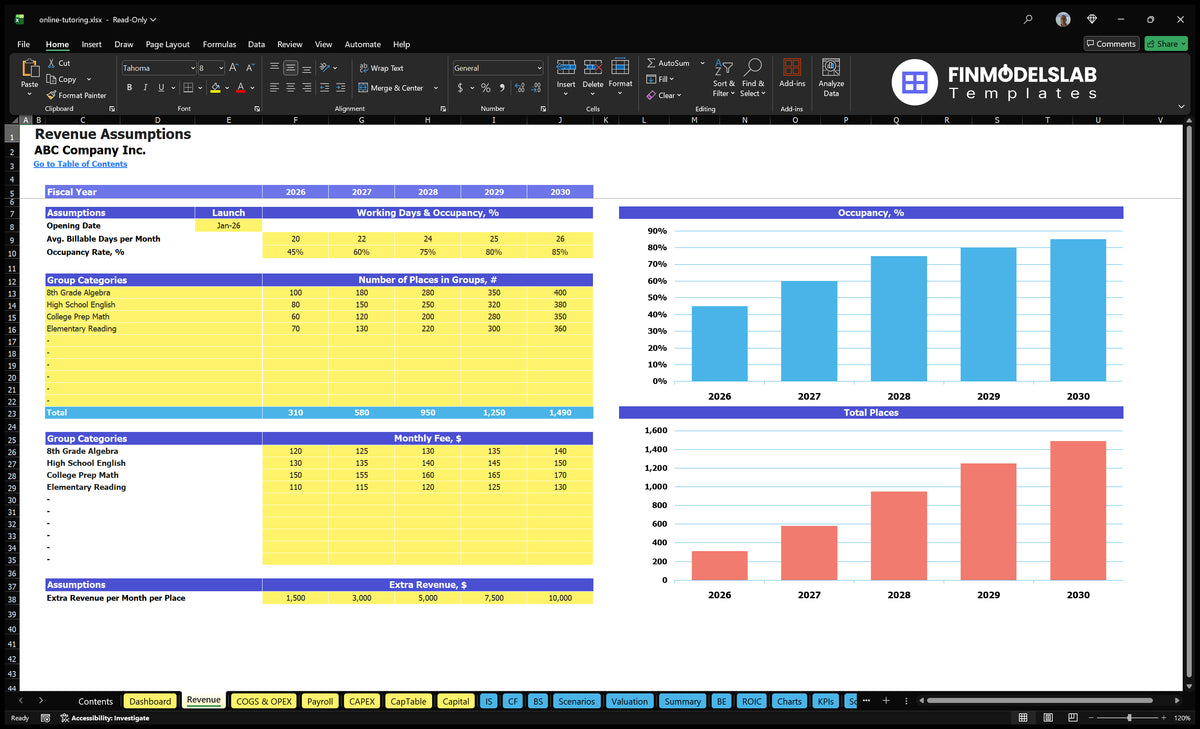 Online tutoring Financial model Revenue Establishment of a sheet with the date of launch, occupancy, group space tutoring, monthly fees and additional revenue
