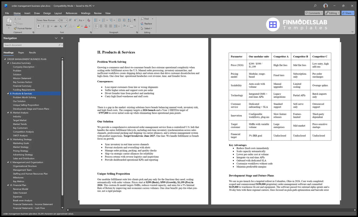 Order Management Plan Template: 18-Mo Breakeven, 35-Mo Payback