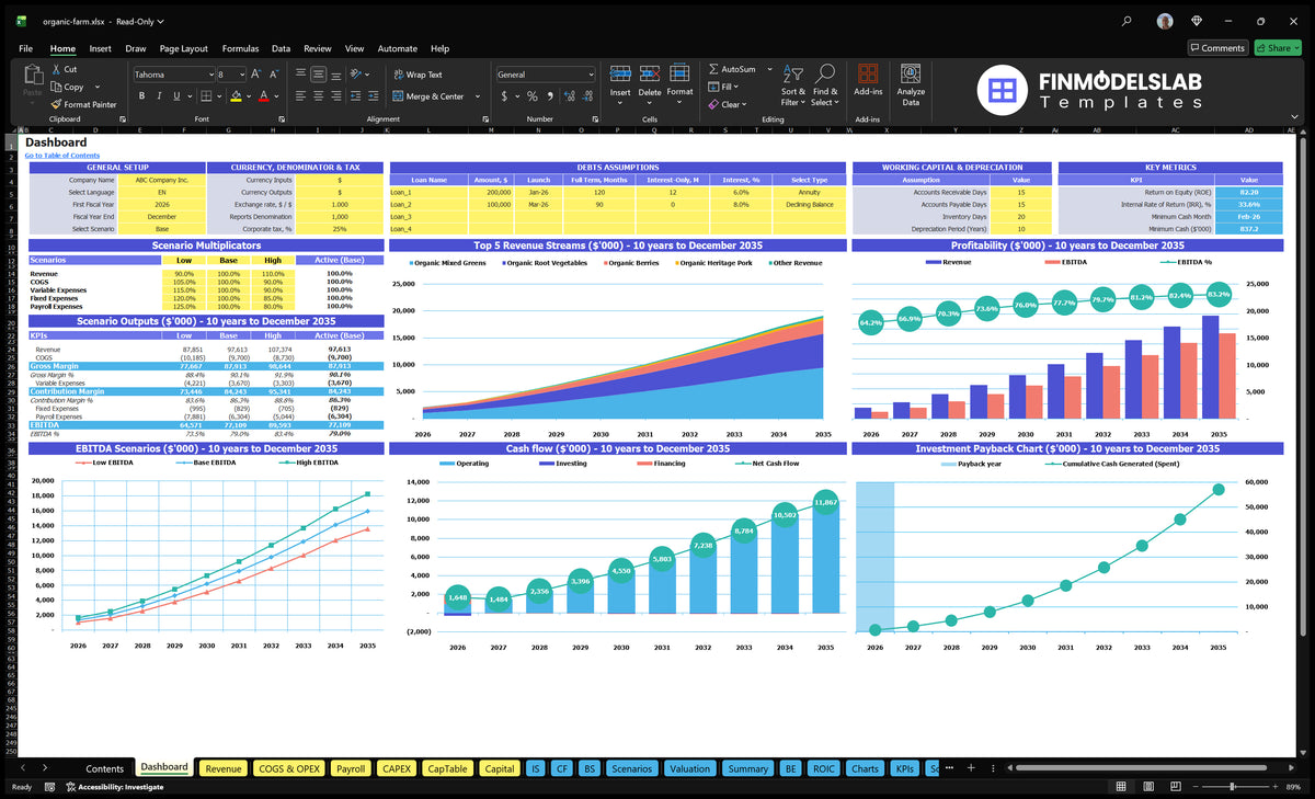 Organic navigation desk with scenario multipliers, currency configuration, debt and working capital assumptions, key indicators, revenue, profitability, cash flow and return charts
