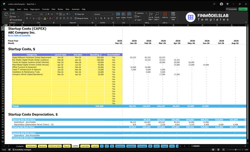 Outdoor Advertising Financial Model capex inputs showing customizable capital expenditure categories and timing, letting users model equipment, site build, and installation costs for 5-year projections and funding plans, fully customizable.