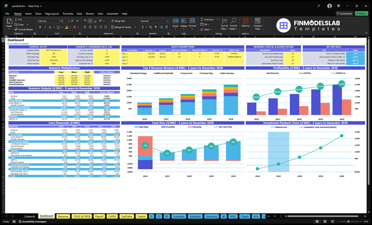 Paintball Dashboard showing configuration controls, scenario results, basic finance, top revenue streams, profitability, cash flow and return on investment charts.