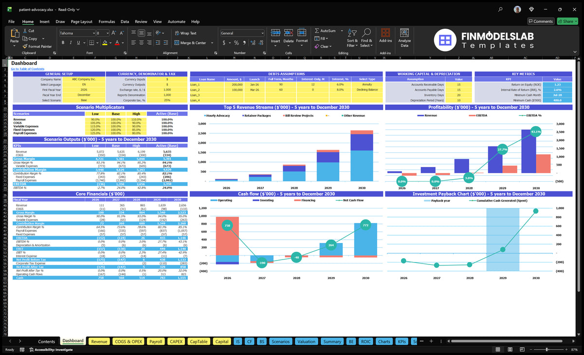 Patient information board showing scenario multipliers, basic finances, income mix, profitability, cash flow and return on investment