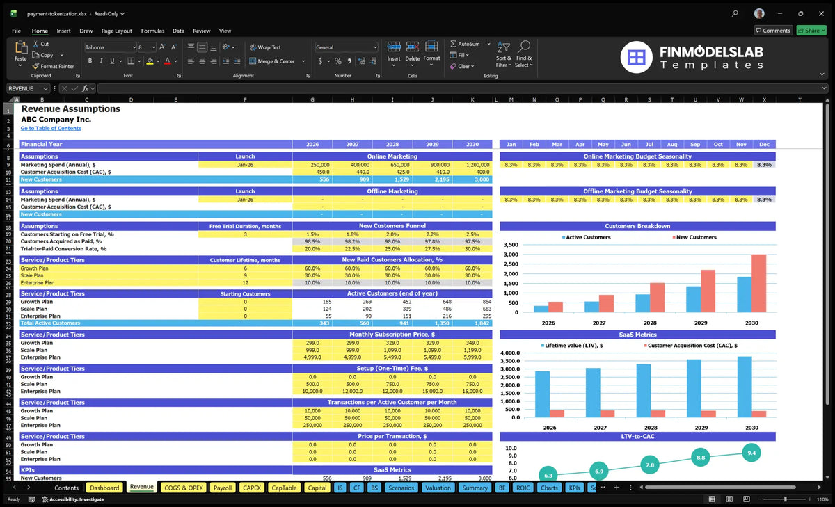 Tokenization Service Revenues Assumption of the worksheet showing marketing expenditure, CAC, test funnel, plan allocation, active subscribers, prices, transactions and metrics SaaS