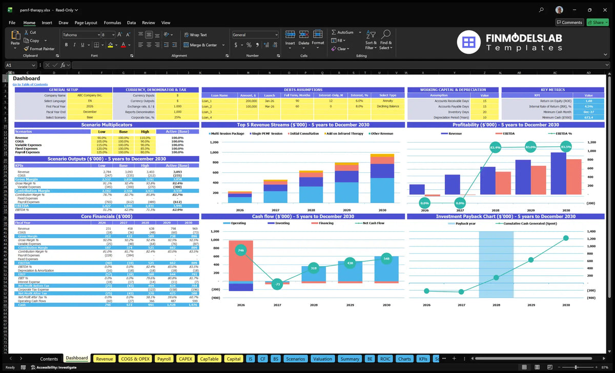 Pulsed dashboard for electromagnetic field therapy, showing configuration control, debt assumptions, scenario multipliers, KPIs, revenue mix, profitability, cash flow and return on investment