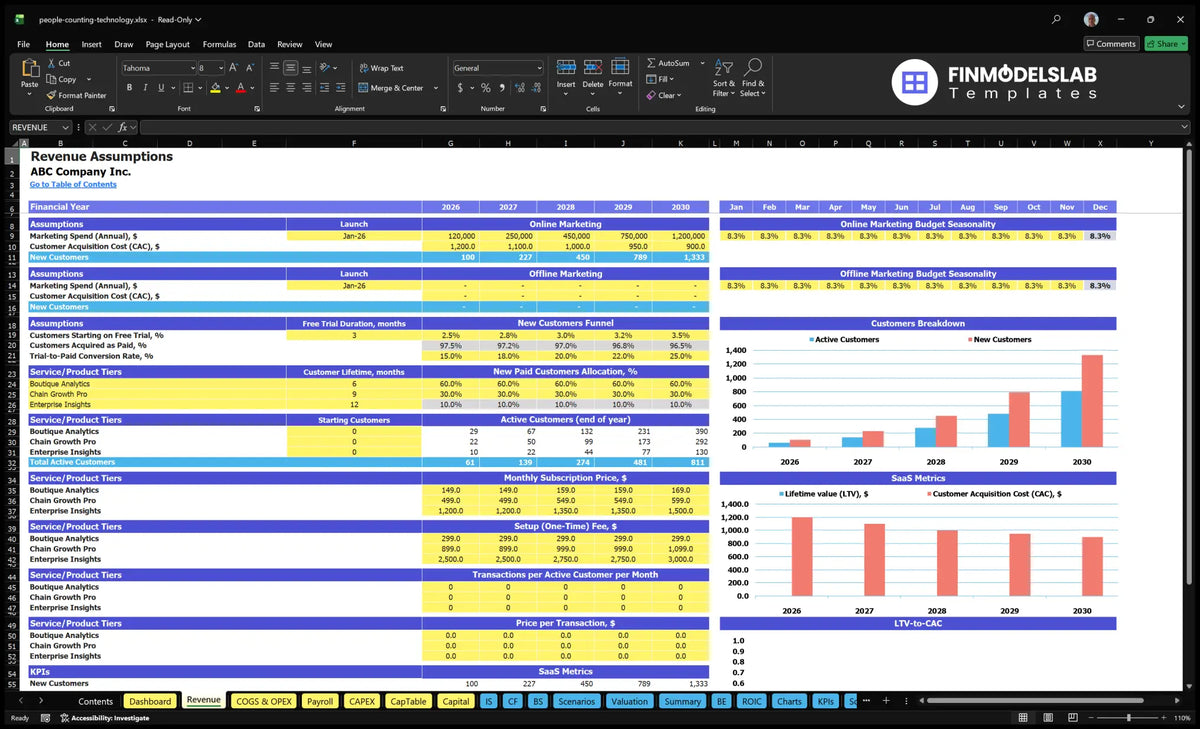 People Counting Technology Systems Financial Model Income Forms with purchase, conversion, subscriber levels, prices, use and entry into configuration