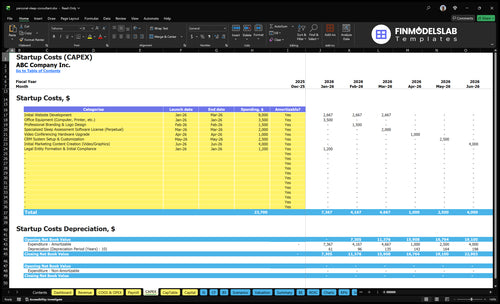 Personal Sleep Consultant Financial Model capex inputs showing startup and ongoing capital expenditures and customizable asset schedules, letting users model equipment, office fit-out and depreciation assumptions for scenario-ready projections