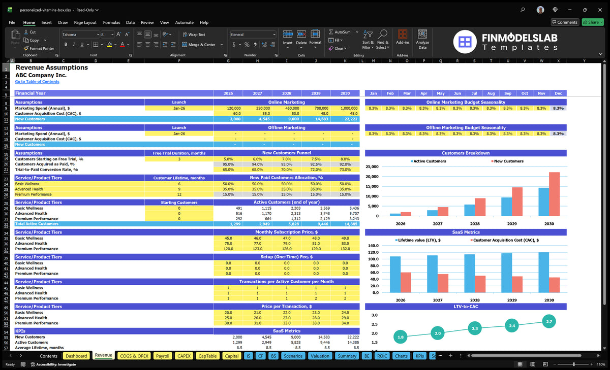 Revenue sheet with marketing expenditure, CAC, trial swap, plan mix, number of subscribers, pricing, transaction inputs and LTV-to-CAC