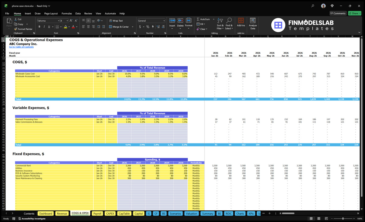 Shop with telephone suitcases COGS and OPEX sheet with assumptions of direct, variable costs and fixed costs