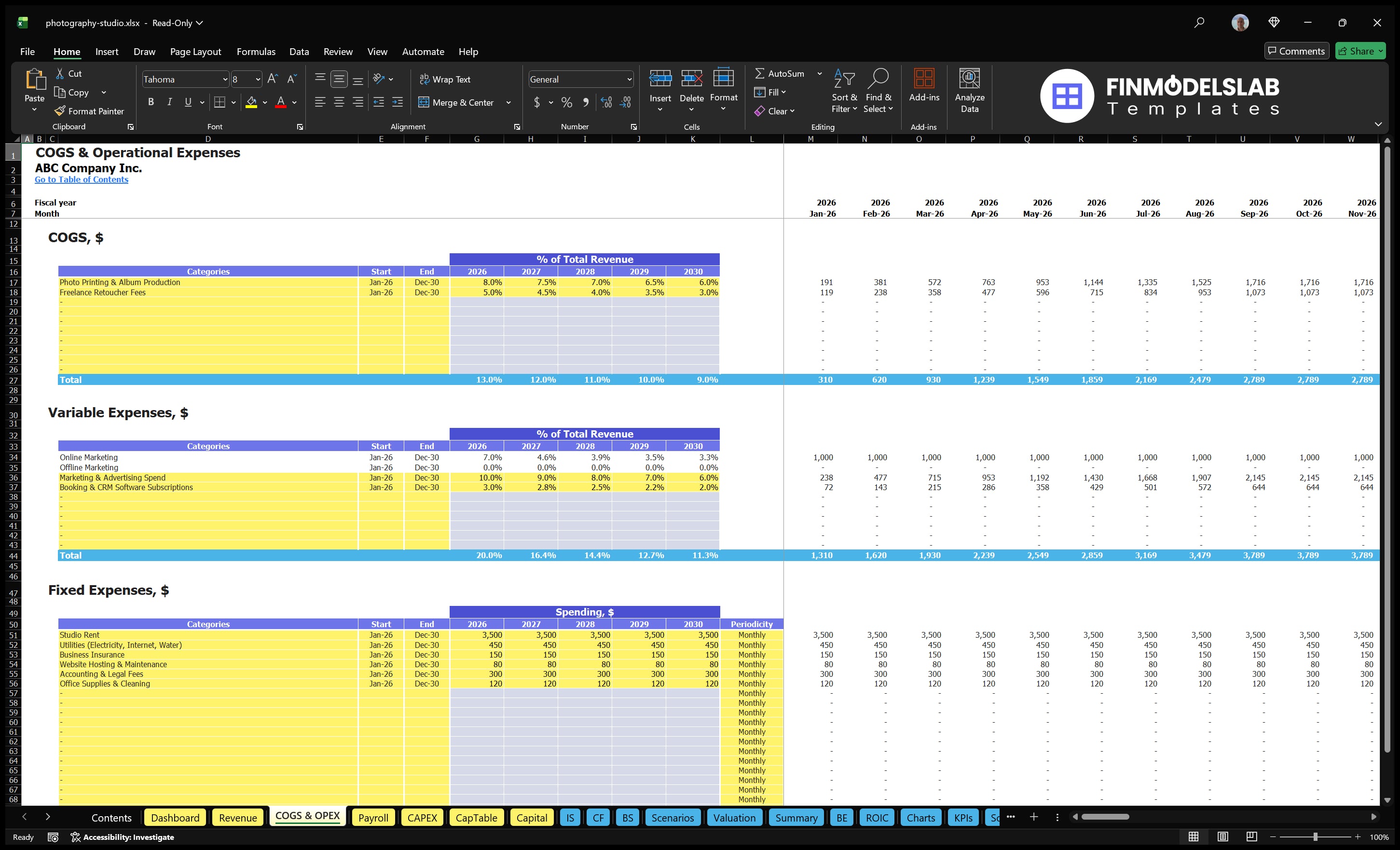 COGS photographic studio and operating expenditure sheet with direct cost interest, variable cost assumptions, fixed expenditure, monthly schedule and forecast