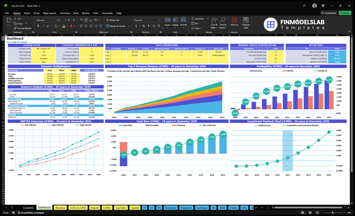 Dashboard of the pig farming financial model with model setting, scenarios, revenue flows, profitability, cash flow and return on investment charts