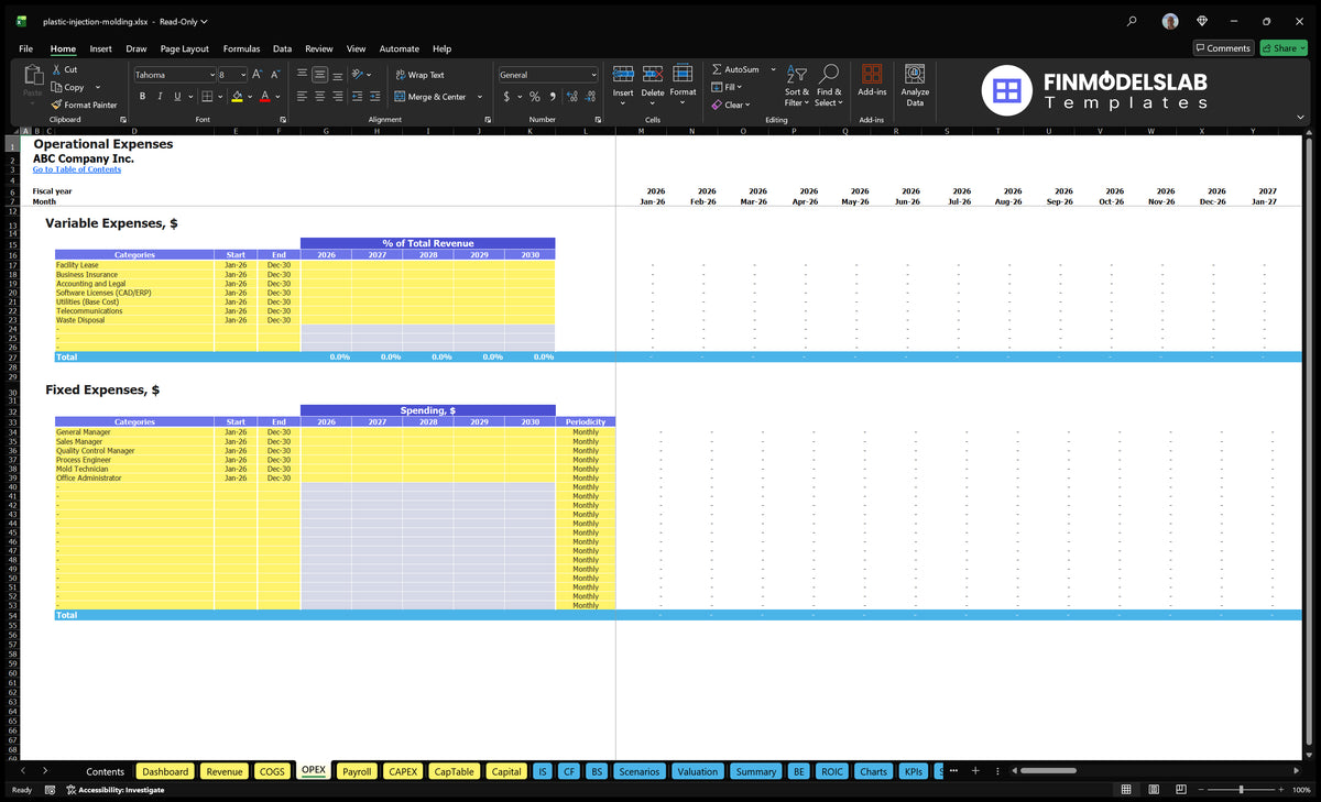 OPEX Worksheet containing variable categories of operational expenditure, fixed expenditure schedules, start and end dates, expenditure assumptions and periodicity.