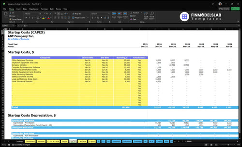 Playground Safety Inspection Service Financial Model capex inputs tab showing capital expenditure items and timing, letting users customize startup and ongoing asset costs for scenario-ready projections.