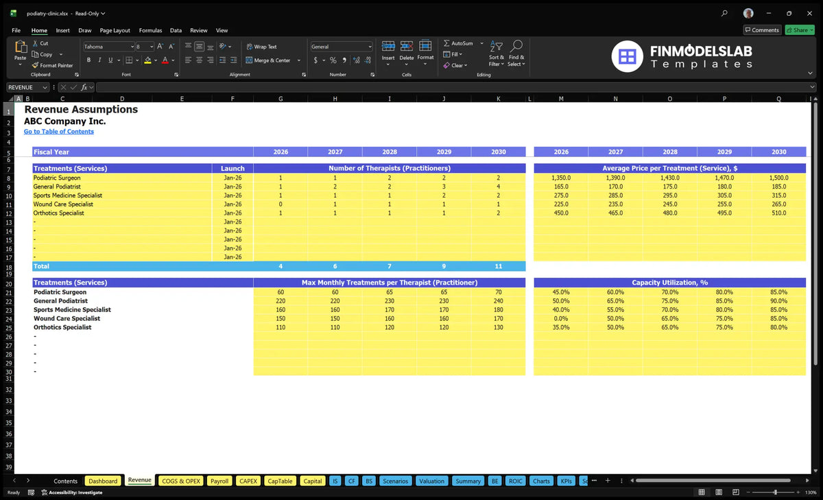 Clinic Financial Model Revenue Sub-divisions The assumptions of the sheet to calculate the number of practitioners, treatment capacity, use, start date and service prices
